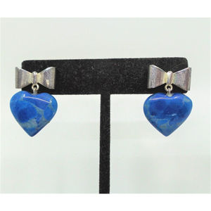 925 Sterling Silver Agate Marbled Puff Heart Bow Dangle Stud Earrings